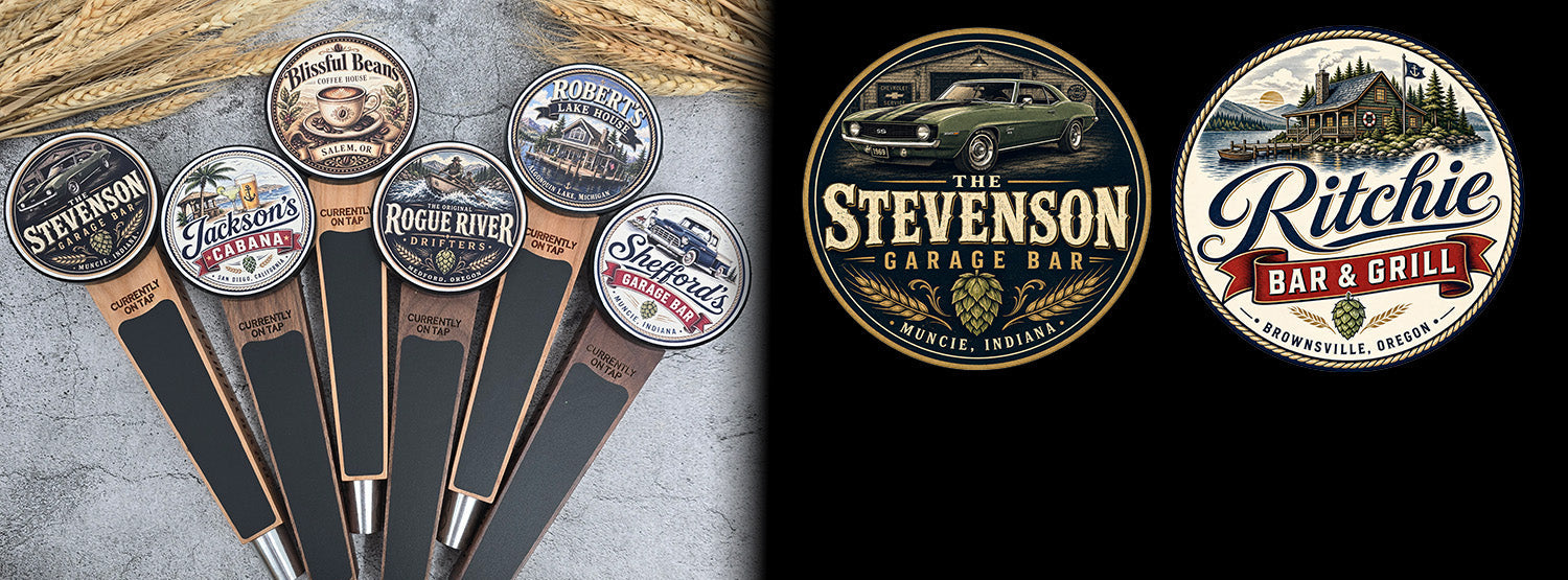 Set of branded beer tap handles with 'Stevenson' and 'Ritchie' logos on a textured surface.