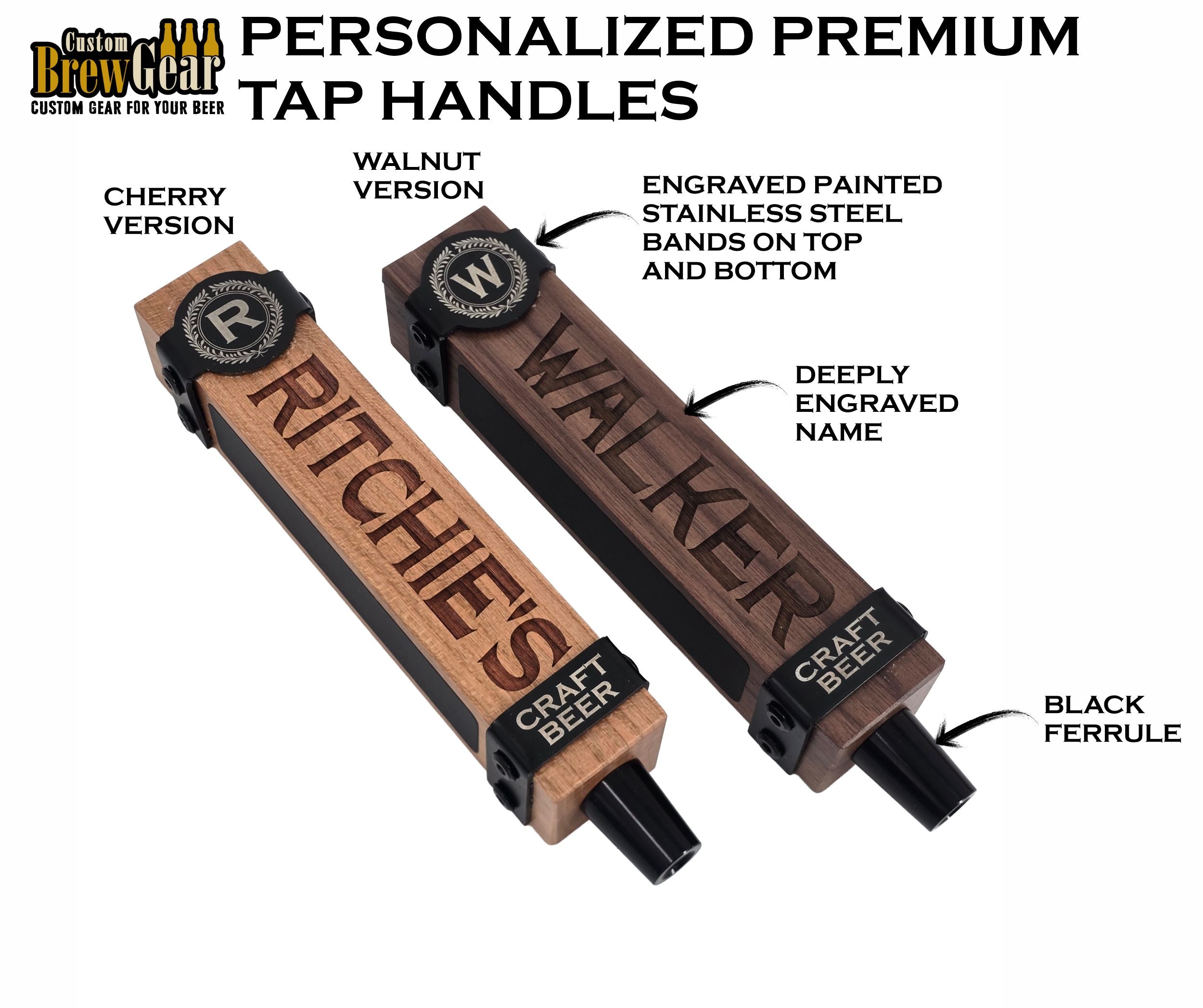 Premium Tap Handle with Stainless Steel Straps – Personalized Walnut or Cherry