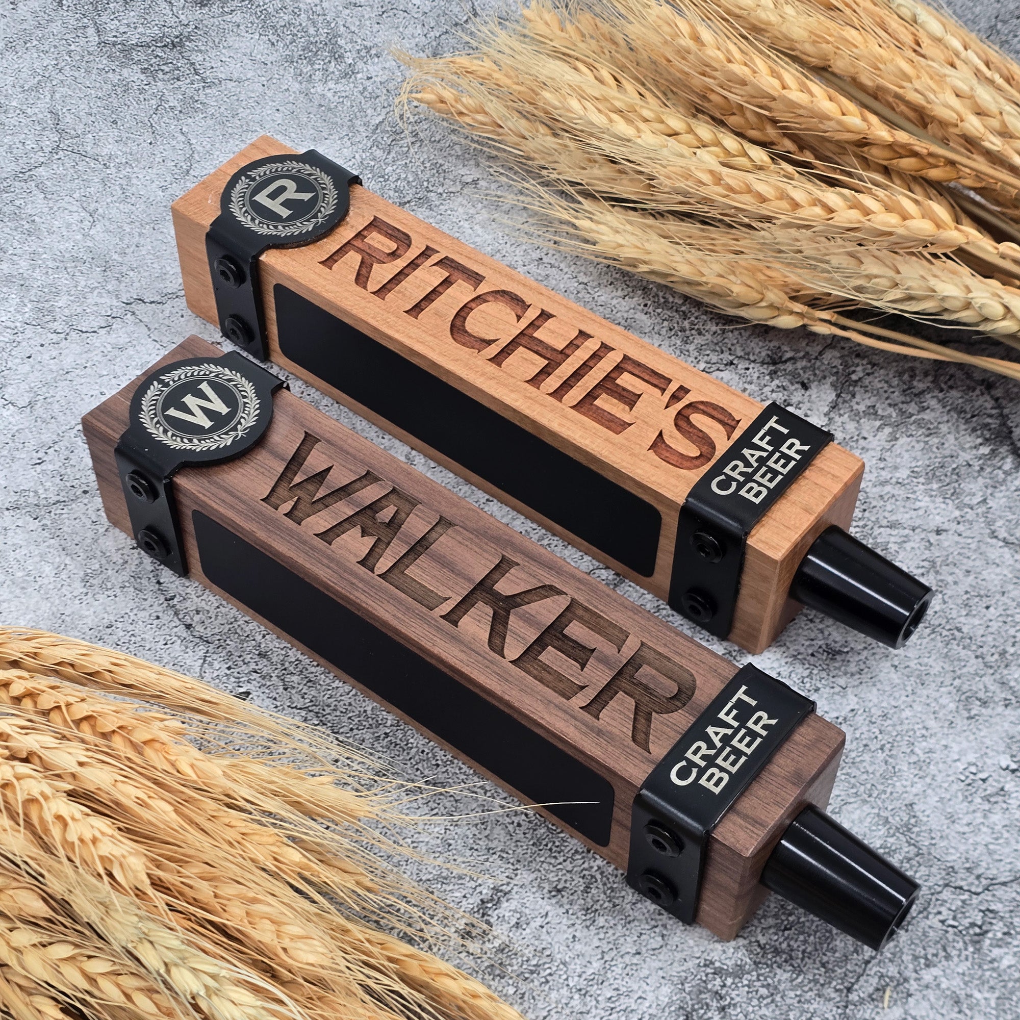 Premium Tap Handle with Stainless Steel Straps – Personalized Walnut or Cherry