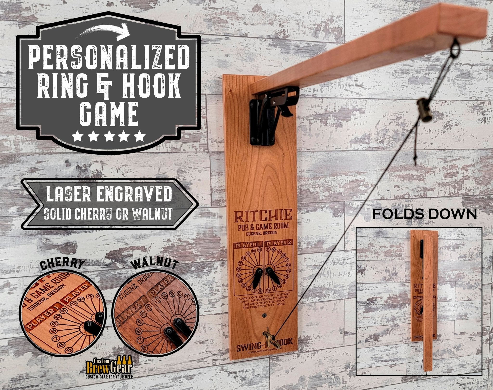 Folding Wall Mount Ring and Hook Game - Solid Cherry Edition - Personalized - Custom Brew Gear