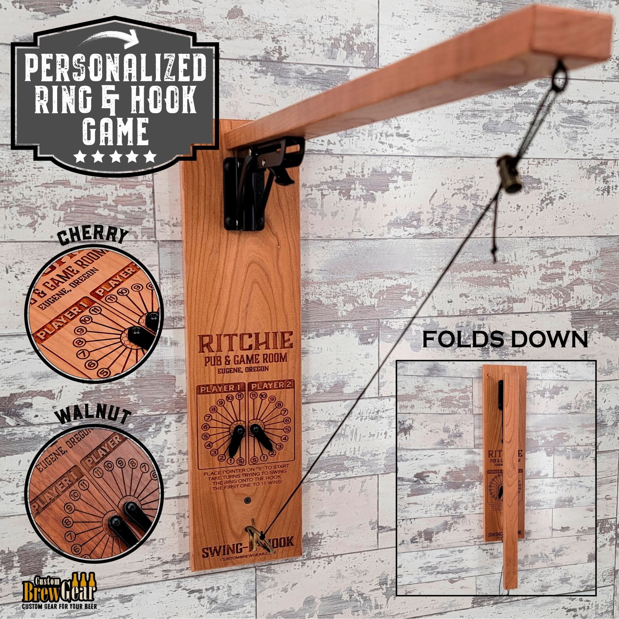 Folding Wall Mount Ring and Hook Game - Solid Cherry Edition - Personalized - Custom Brew Gear