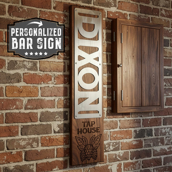 Personalized Bar Sign – Custom Stainless Steel & Wood Tap House Sign - Custom Brew Gear