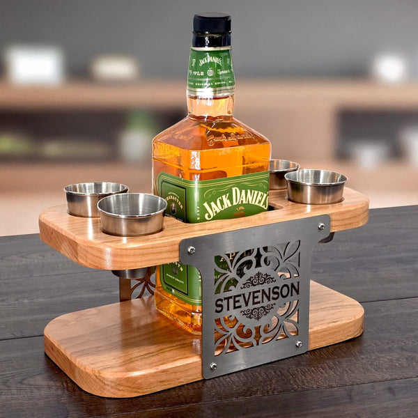 Personalized Whiskey or Tequila Bottle & Shot Glass Stand - Custom Brew Gear