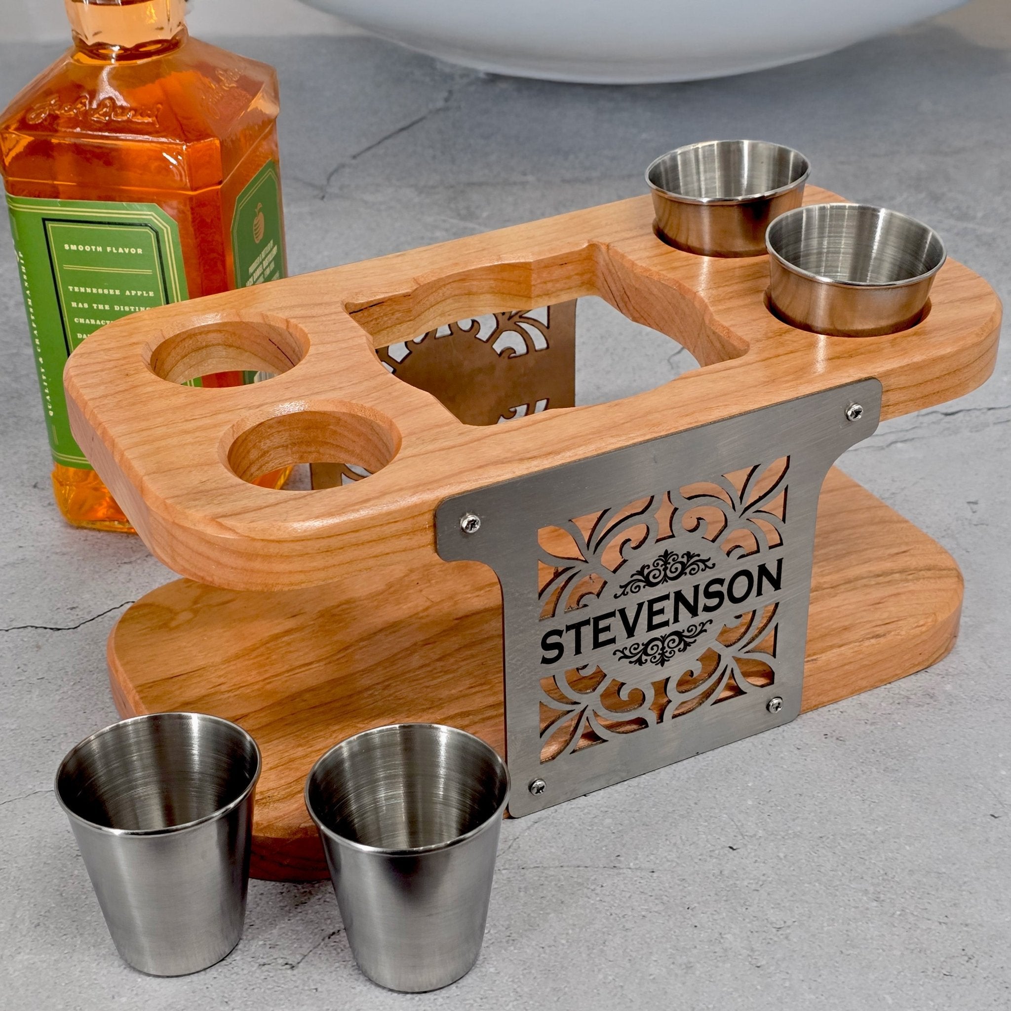 Personalized Whiskey or Tequila Bottle & Shot Glass Stand - Custom Brew Gear
