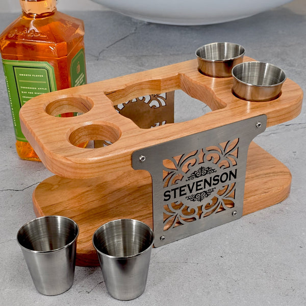 Personalized Whiskey or Tequila Bottle & Shot Glass Stand - Custom Brew Gear